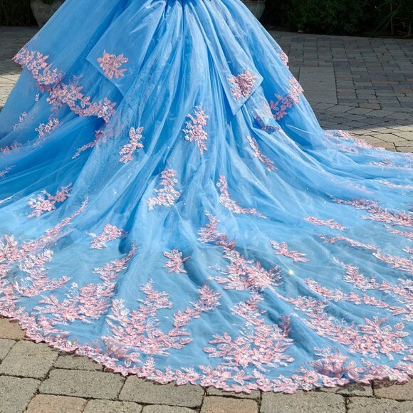 New Layered Bahama Blue Off The Shoulder Quinceanera Gown w/ Lace up Back GL3708 - Picture 13 of 13